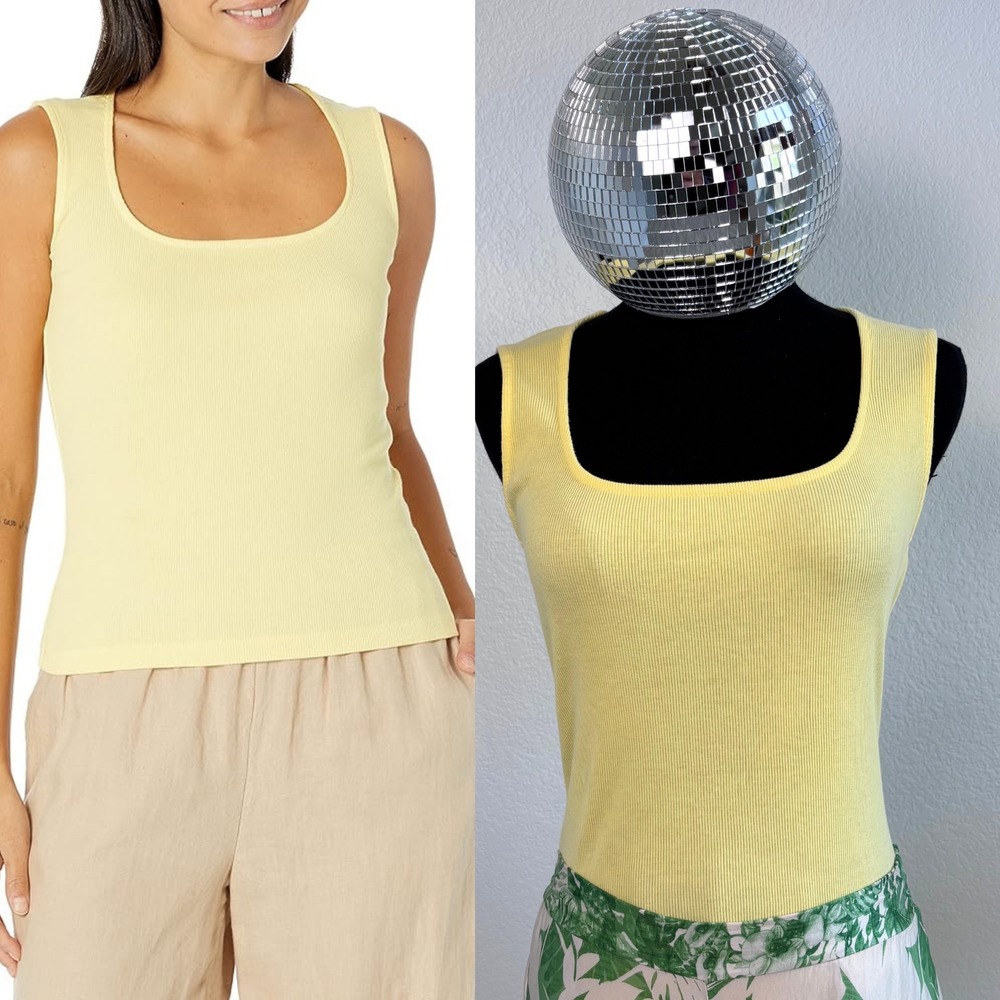 Monrow Square Neck Ribbed Tank Top, Womens Size L, Yellow, made in America
